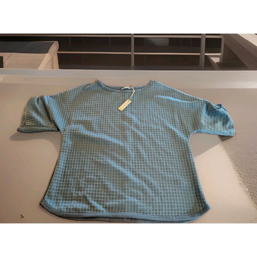 Max Studio London Waffle Knit Top Ruched Sleeves Flint Blue Women Large 3705S38